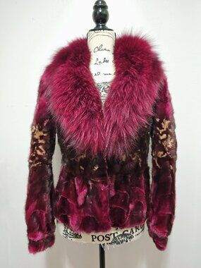NewReal Mink Fur Coat Striped Mosaic Pieced Wine Red Burgundy Magenta Plum Fox